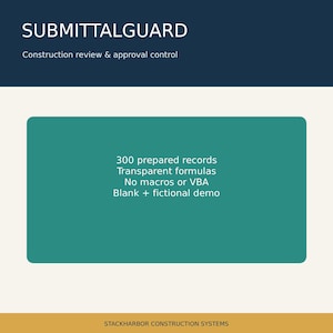 Pode incluir: Um gráfico digital para controle de revisão e aprovação de construção SUBMITTALGUARD. O retângulo verde-azulado exibe o texto: 300 prepared records, Transparent formulas, No macros or VBA, Blank + fictional demo. STACKHARBOR CONSTRUCTION SYSTEMS.