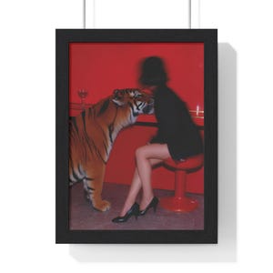 Woman with Tiger Illustration Vertical Framed Poster | Red Bar Scene