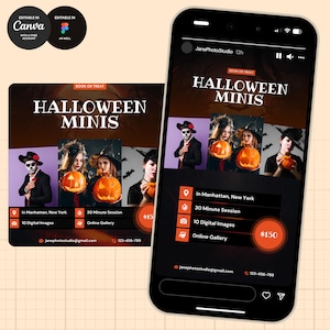 Può includere: Un modello di marketing digitale per servizi fotografici di Halloween con il testo HALLOWEEN MINIS e BOOK OR TREAT. Il design include foto di persone in costume con zucche, dettagli sulla posizione a Manhattan, New York, e informazioni.