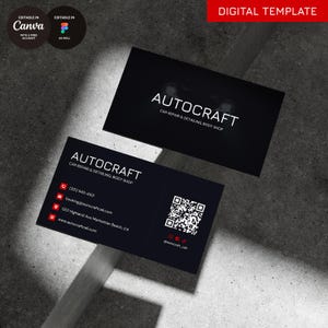 May include: Two black business cards for Autocraft Car Repair & Detailing, Body Shop. The front features the company name and logo. The back displays contact details, a QR code, social media icons, and the handle @autocraft_cali.