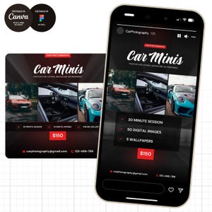 Puede incluir: Una plantilla de marketing digital para servicios de fotografía de coches con el texto Car Minis, Photos for listing, showcase or memories, 30 minute session, 50 digital images, 5 wallpapers, $150, carphotography@gmail.com y 123-456-789.