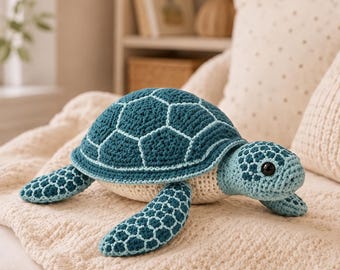 Realistic Sea Turtle Crochet Pattern PDF, Teal Amigurumi with Textured Shell