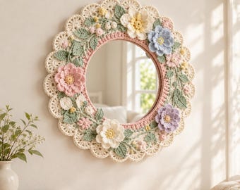 Flower Mirror Frame Crochet Pattern PDF, Pastel Cottagecore Wall Decor