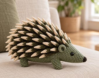 Hedgehog Amigurumi Crochet Pattern PDF, Olive Green Woodland Animal with Cream-Tipped Quills
