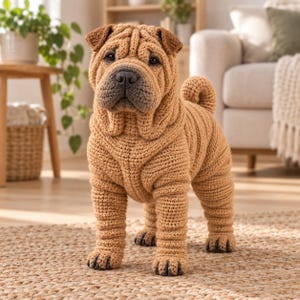 Puede incluir: Una figura de perro Shar-Pei tejida a ganchillo a mano, con un cuerpo de hilo marrón claro con pliegues cutáneos profundos característicos, un hocico marrón oscuro, orejas pequeñas triangulares y una cola enroscada, de pie sobre cuatro patas.