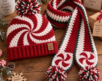 Peppermint Swirl Hat and Scarf Crochet Pattern, Adult Christmas Set PDF