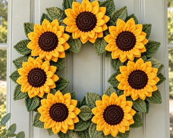 Sunflower Wreath Crochet Pattern PDF,  Floral Door Hanging with Seven Layered Blooms
