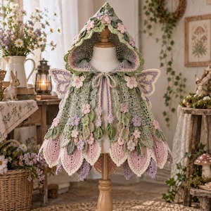 Könnte beinhalten: Ein gehäkeltes Kapuzencape mit einer salbeigrünen Basis und geschichteten blattförmigen Einsätzen in Rosa-, Lavendel- und Cremetönen. Das Kleidungsstück ist mit kleinen gehäkelten Blumen verziert und hat einen passenden Bindegürtel am Ausschnitt.