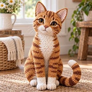 Könnte beinhalten: Eine handgefertigte Häkel-Katzenfigur mit orangefarbenen und braunen Tabby-Streifen, einer weißen Brust, weißen Pfoten und einer Schwanzspitze in Weiß. Die Katze hat große, dunkel bernsteinfarbene Augen, eine kleine rosa Nase und lange weiße Schnurrhaare.