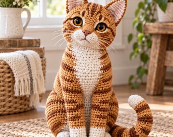 Realistic Orange Tabby Cat Crochet Pattern: Seated Amigurumi PDF, Lifelike Feline Plush Tutorial