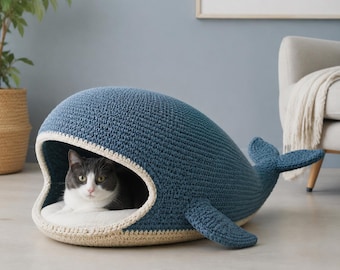 Whale Cat Cave Crochet Pattern, Chunky Pet Bed, Cozy Feline Hideaway, Removable Cushion PDF