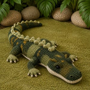 May include: A handcrafted crochet alligator toy featuring a textured body in shades of dark green, olive, and light green. The plush reptile has a long tail, a row of small triangular scales along its back, four short legs, and dark round eyes.