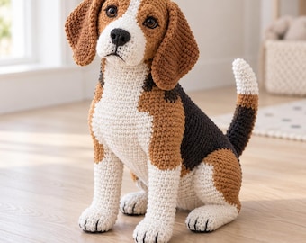 Seated Tricolor Beagle Crochet Pattern, Large Realistic Amigurumi Dog PDF, Stuffed Puppy Tutorial
