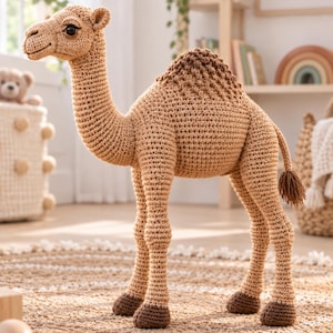 Peut inclure: Un dromadaire en crochet de couleur beige avec une bosse marron foncé, des sabots marron foncé et une petite queue à pompon. Le dromadaire possède un long cou, une bouche cousue et des yeux en plastique noir. Le corps présente un maillage visible.