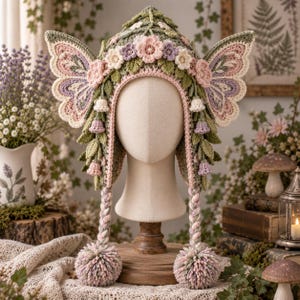 May include: A crochet bonnet featuring large, wing-like side panels in shades of pink, cream, and lavender. The headpiece is adorned with a crown of crocheted flowers and leaves, with dangling floral accents, braided ties, and large pom-poms.