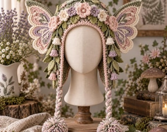 Children's Woodland Fairy Hat Crochet Pattern, Floral Pixie Hood with Butterfly Wings, S-L PDF