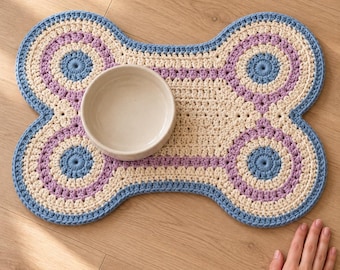Bone Shaped Dog Bowl Mat Crochet Pattern, Floral Pet Feeding Placemat PDF
