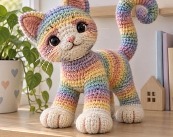 Pastel Rainbow Cat Crochet Pattern, Standing Kitten Amigurumi with Oversized Paws, Digital PDF