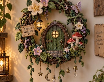 Fairy Door Wreath Crochet Pattern, Woodland Mushroom Wall Hanging PDF