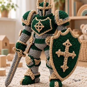 Puede incluir: Una figura de caballero tejida a ganchillo con hilo verde oscuro y gris con bordes beige. El caballero lleva casco, peto y armadura, sosteniendo una espada larga en la mano derecha y un escudo grande con un emblema de cruz en la mano izquierda.