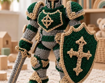 Medieval Knight Amigurumi Crochet Pattern PDF, Green Armor with Gold Details, Sword and Shield