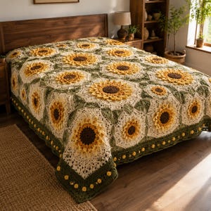 May include: A crochet blanket featuring a repeating pattern of large sunflowers with dark brown centers and yellow petals, joined by cream-colored lace-like squares and dark green leaf motifs, finished with a dark green border and small yellow accents.