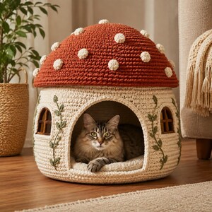 Woodland Mushroom Cat House Crochet Pattern, Structured Pet Cave Digital PDF