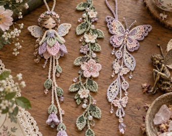 Fairy Butterfly Floral Vine Crochet Pattern, Cottagecore Hanging Ornament Trio, Lace Garden Decor PDF
