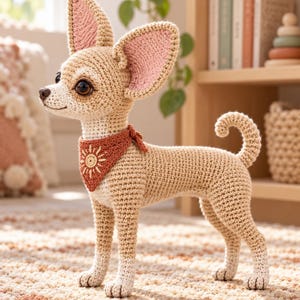 May include: A crochet chihuahua dog toy in a light tan color with large upright ears featuring pink inner details. The dog wears a rust-colored triangular bandana around its neck, which is decorated with a white embroidered sunburst design.
