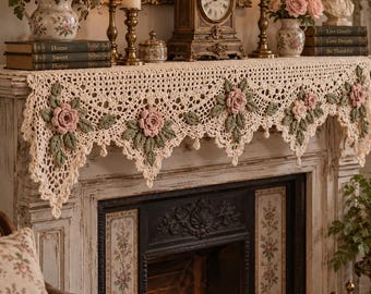 Rose Lace Mantel Valance Crochet Pattern PDF, Floral Shelf Decor with Picot Edging
