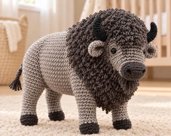 American Bison Crochet Pattern PDF, Standing Buffalo Amigurumi with Textured Mane