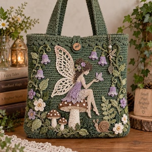 Può includere: Una borsa tote all'uncinetto verde scuro con una figura centrale di fata con ali simili a pizzo seduta su un fungo. La borsa è decorata con fiori a campanula viola, fiori bianchi, foglie verdi e una piccola lumaca, rifinita con un bottone in legno.