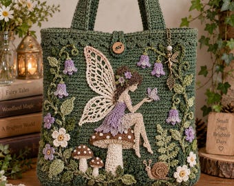 Fairy Woodland Tote Crochet Pattern PDF, Mushroom Applique Bag, Cottagecore Purse, Fantasy Botanical Handbag