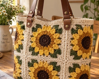 Sunflower Granny Square Tote Bag Crochet Pattern PDF