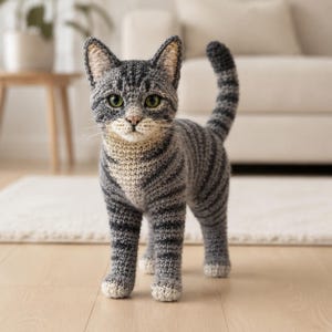 Könnte beinhalten: Eine gehäkelte Katzenfigur mit einem grau-schwarzen Tabby-Streifenmuster sowie einer cremefarbenen Brust und Schnauze. Die Katze hat spitze Ohren, grüne Augen, lange weiße Schnurrhaare und einen langen, aufrechten Schwanz und steht auf vier Pfoten.