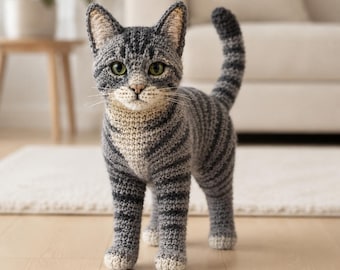 Realistic Gray Tabby Cat Crochet Pattern, Standing Amigurumi Digital PDF Tutorial