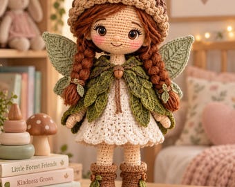 Acorn Fairy Doll Crochet Pattern PDF, Woodland Amigurumi with Leaf Cape and Sage Wings