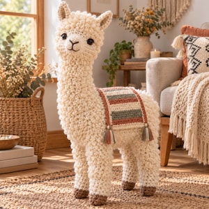 May include: A cream-coloured crocheted alpaca stuffed animal with a textured, curly yarn body. It features dark brown hooves and a decorative saddle blanket with horizontal stripes in rust, sage green, and cream, finished with small hanging tassels.