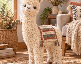 Crochet Llama Pattern PDF, Loop Stitch Amigurumi with Striped Saddle Blanket