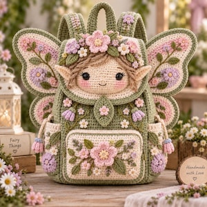 May include: A crochet backpack featuring a fairy face with pointed ears, large dark eyes, and pink cheeks. The bag is sage green with large butterfly wings, decorated with various pink, purple, and white crocheted flowers and green leaves.