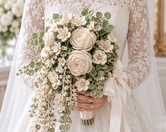 Crochet Wedding Bouquet Pattern, Ivory Roses, Pearl Blossoms, Cascading Bridal Keepsake Digital PDF