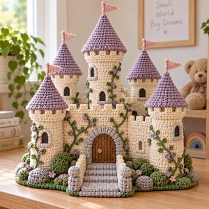 May include: A crochet castle toy featuring cream-colored walls, purple conical roofs with small flags, a brown arched door, and a stone-colored bridge. The structure is decorated with green vines and small purple flowers at the base.