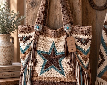 Western Star Fringe Tote Crochet Pattern PDF | Boho Cowgirl Handbag | Turquoise Concho Intarsia Tutorial