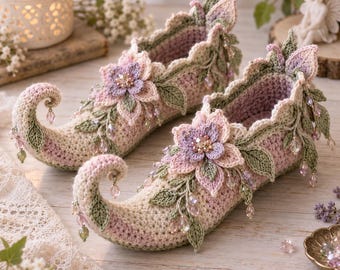 Curled-Toe Floral Slippers Crochet Pattern, Fairycore House Shoes, Adult Fantasy Footwear PDF