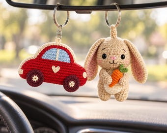 Red Car and Carrot Bunny Keychain Crochet Pattern Set, Amigurumi Bag Charms PDF