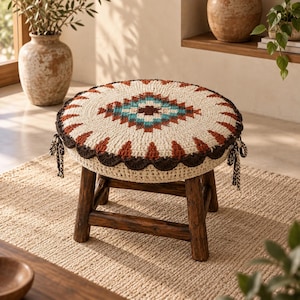 Crochet Stool Cover Pattern PDF, Southwestern Round Seat Cushion, Geometric Boho Home Decor