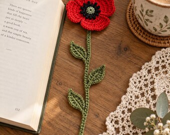 Poppy Flower Bookmark Crochet Pattern, Red Botanical Page Marker, Written PDF Instructions