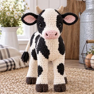 May include: A crochet cow plush toy featuring a cream-colored body with black patches, a pink snout, and small tan horns. The stuffed animal has large black eyes, dark brown hooves, and a tail with a black tuft at the end, crafted with visible yarn stitches.