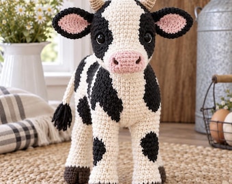 Padrão de crochê em PDF de bezerro Holstein em pé, tutorial realista de amigurumi de vaca, animal de fazenda.