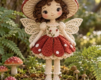 Mushroom Fairy Doll Crochet Pattern, Cottagecore Woodland Amigurumi with Lace Wings, Digital PDF
